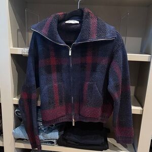Zara Blue and Red Plaid Bomber Jacket
